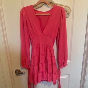 Boutique Hot Pink Tiered Long Sleeve Mini Dress, Size S